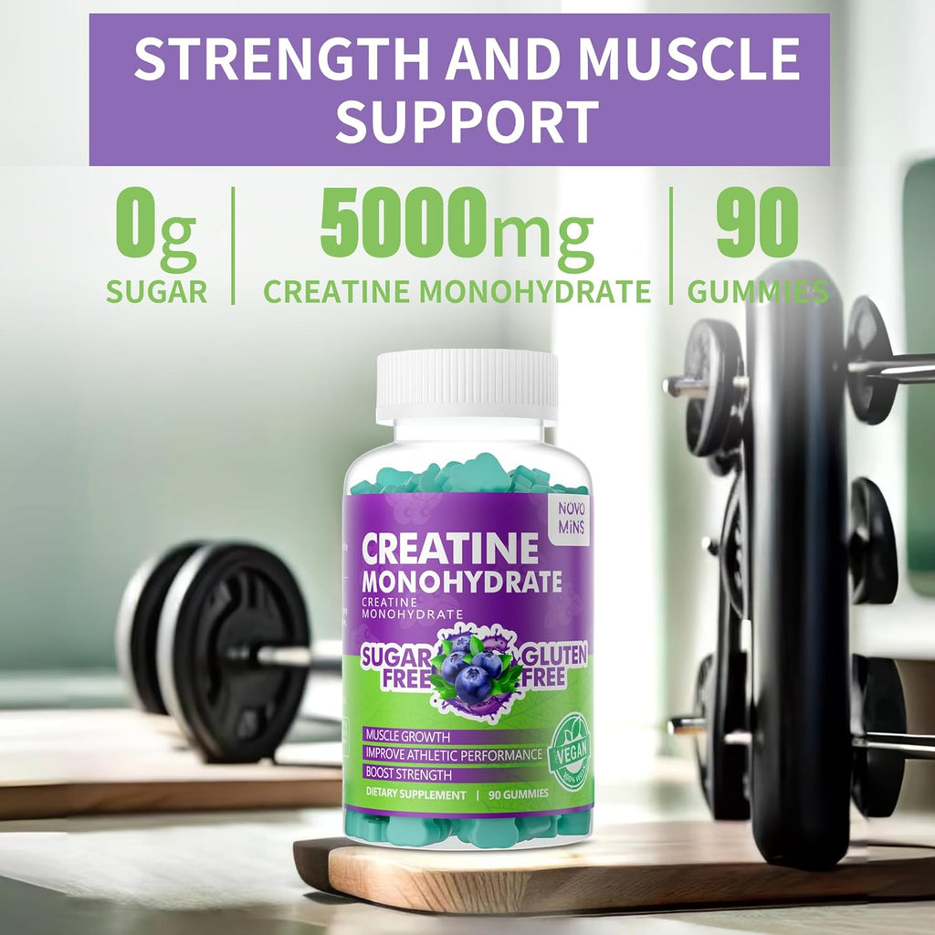 novomins Creatine Monohydrate Gummies 5000mg for Men & Women, Chewables Creatine Monohydrate for Muscle Strength, Muscle Builder, Energy Boost, Pre-Workout Supplement(90 Count)-Blueberry Flavor.