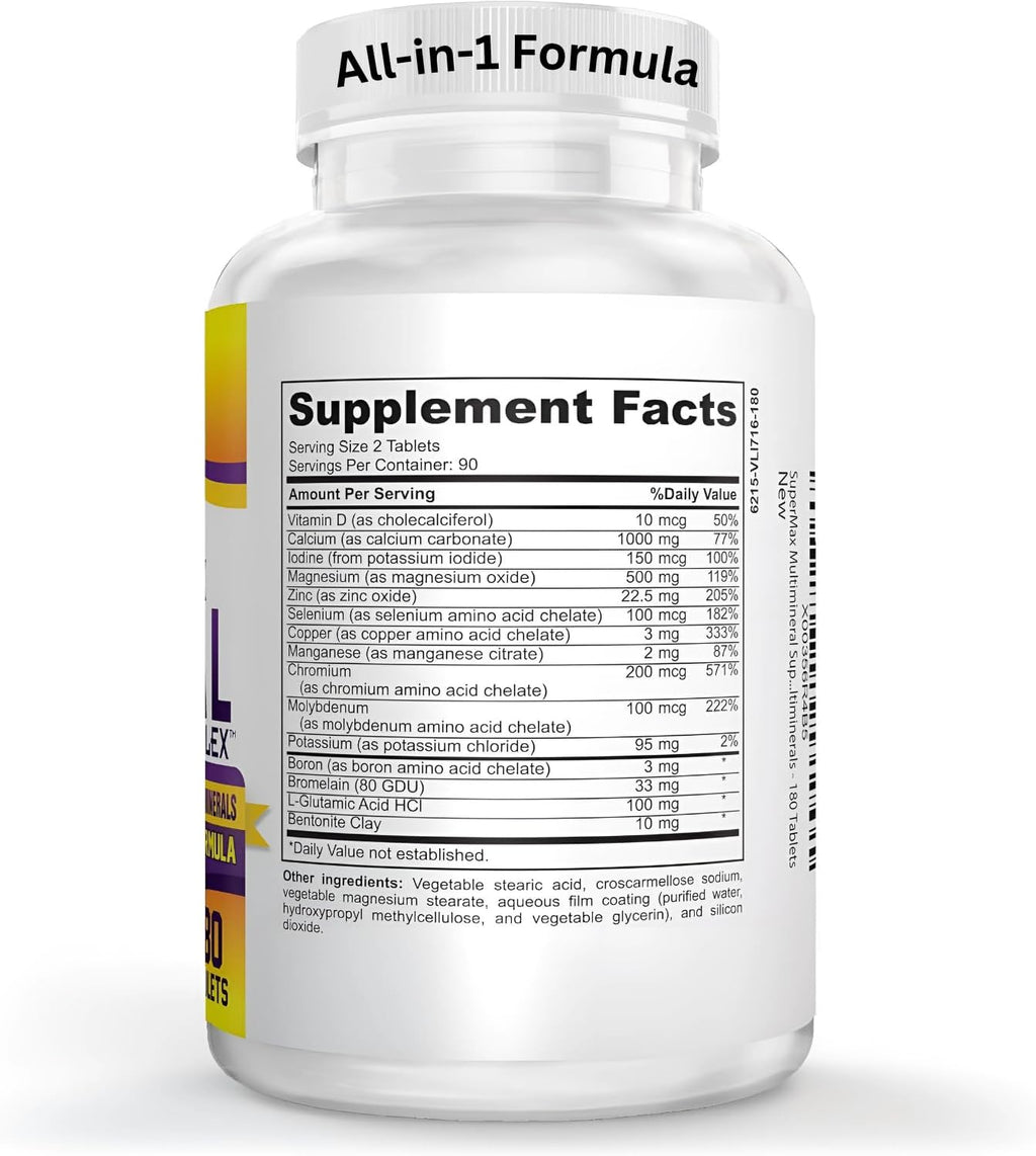 3-Month Multimineral Supplement (Iron Free) Natural Multiminerals | High-Potency Multi Mineral Supplements (15-in-1) Blended Minerals Formula | Mineral Complex | 90-Day Bulk Supply | 180 Tablets