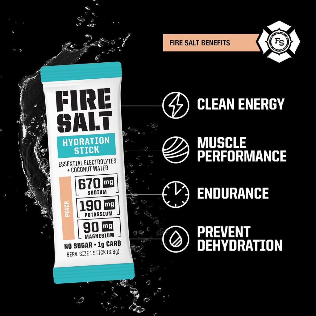 Fire Science Fire Salt Hydration Sticks, Electrolytes & Coconut Water, Hydration Drink Mix with Magnesium, Potassium & Sodium, Zero Sugar, Single Serve On The Go Packs, Vegan, Peach Flavor, 32 Count
