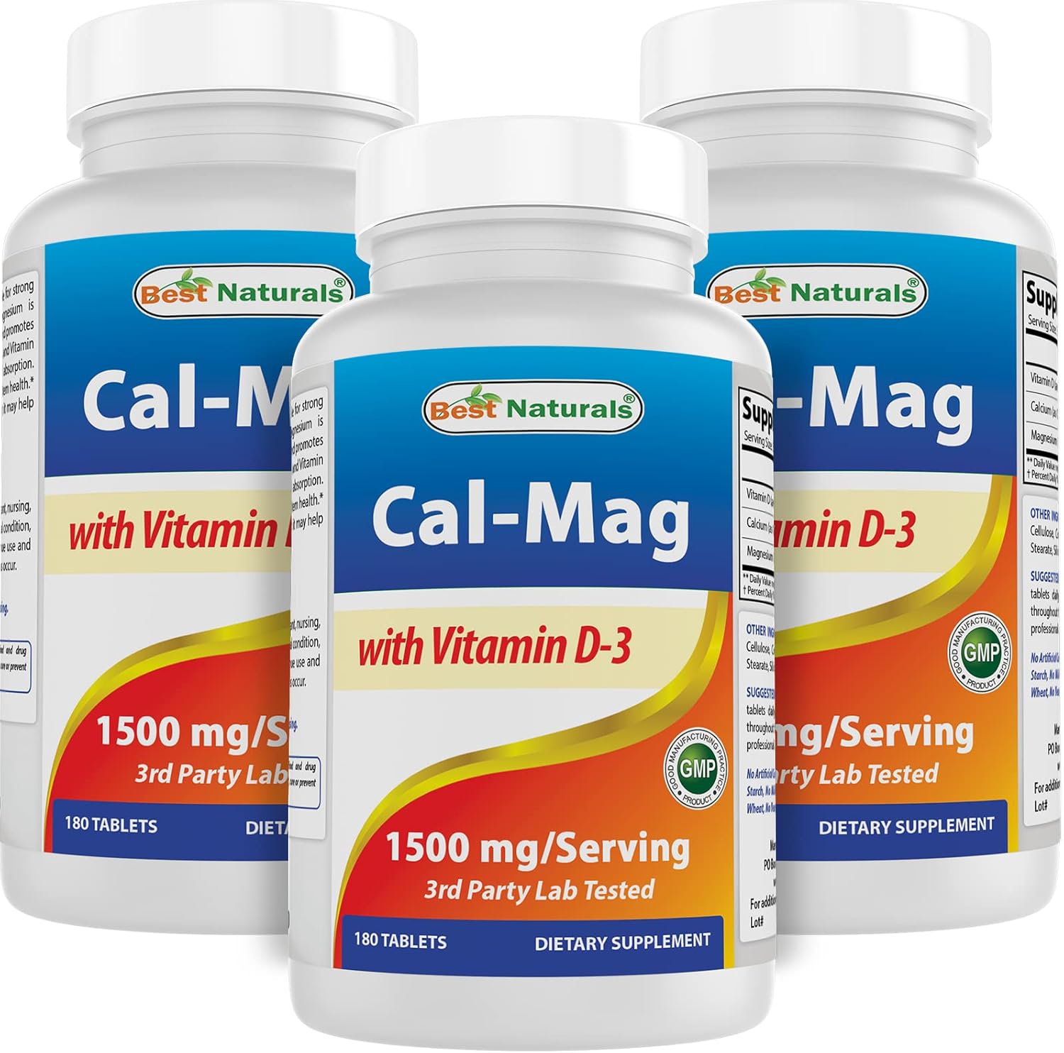 Best Naturals Calcium Magnesium with Vitamin D3 1500mg Serving 180 Tablets (180 Count (Pack of 3))