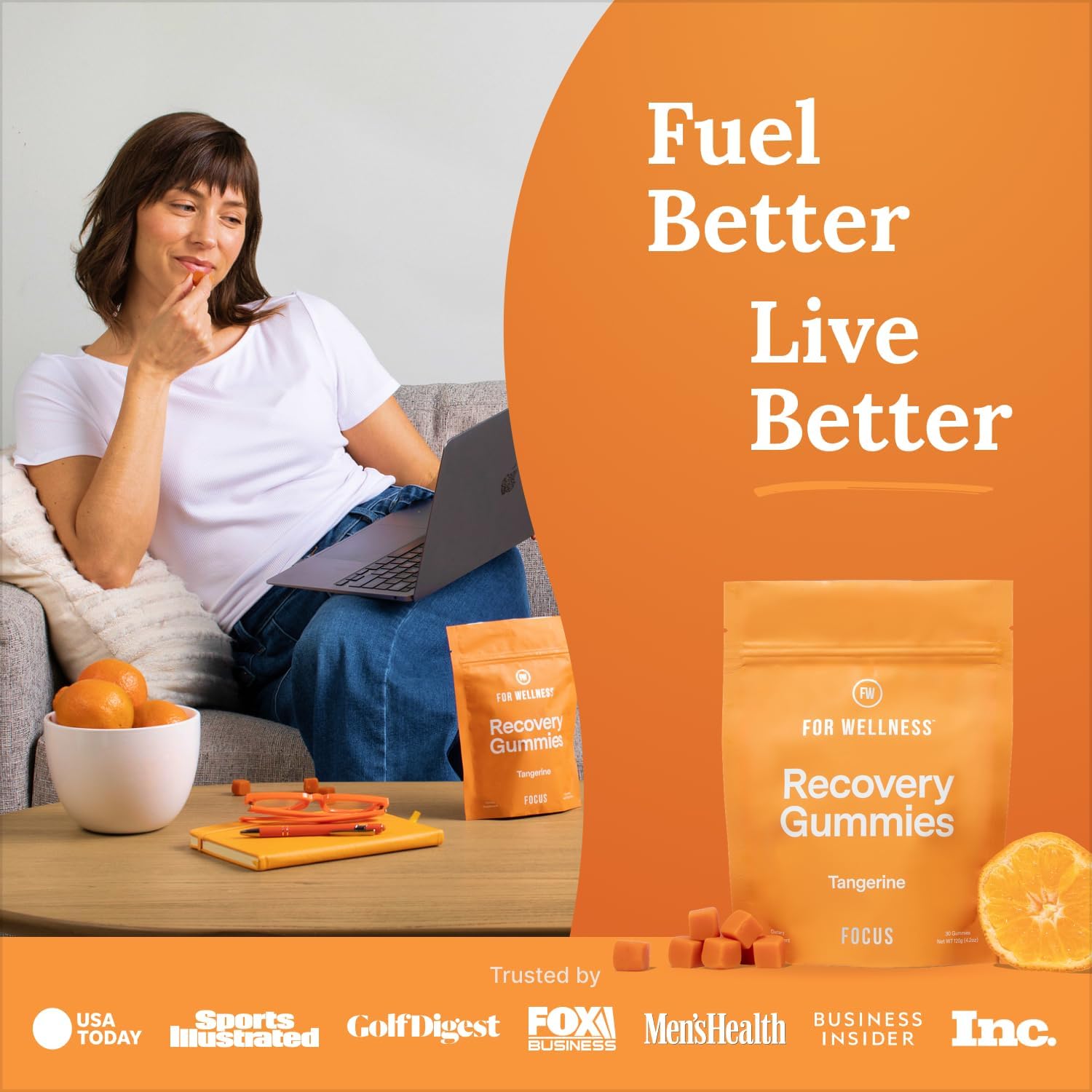 For Wellness Recovery Gummies | Tangerine Eye & Brain Support Supplements with Lutemax 2020®, Lutein, Zeaxanthin, Vitamin A & Cordyceps for Vision, Memory & Stress Support | Vegan, Non-GMO, 90 Count
