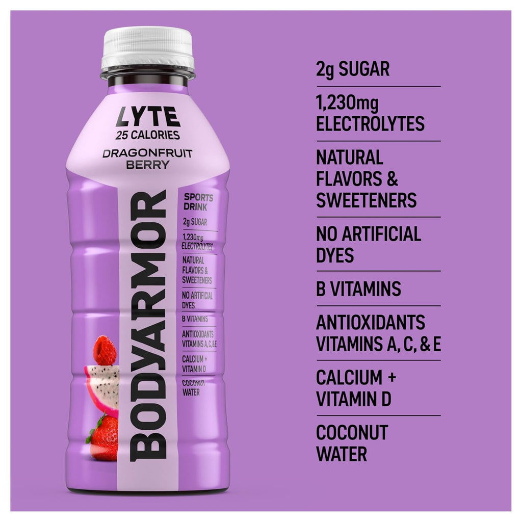 BODYARMOR LYTE Sports Drink Low-Calorie Sports Beverage, Dragonfruit Berry, Natural Flavors With Vitamins, Potassium-Packed Electrolytes, Perfect For Athletes, 20 Fl Oz (Pack of 6)