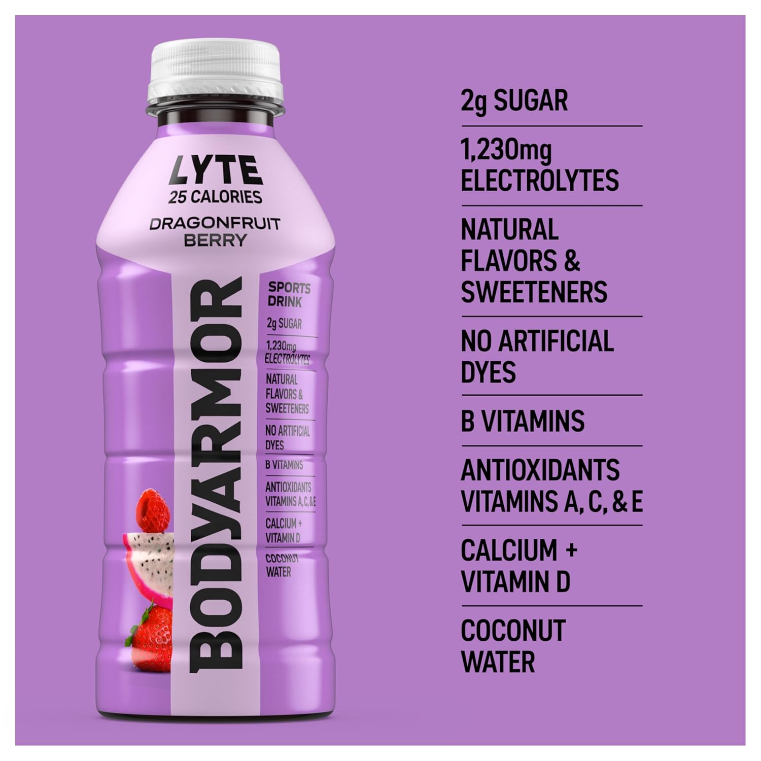 BODYARMOR LYTE Sports Drink Low-Calorie Sports Beverage, Dragonfruit Berry, Natural Flavors With Vitamins, Potassium-Packed Electrolytes, Perfect For Athletes, 20 Fl Oz (Pack of 6)
