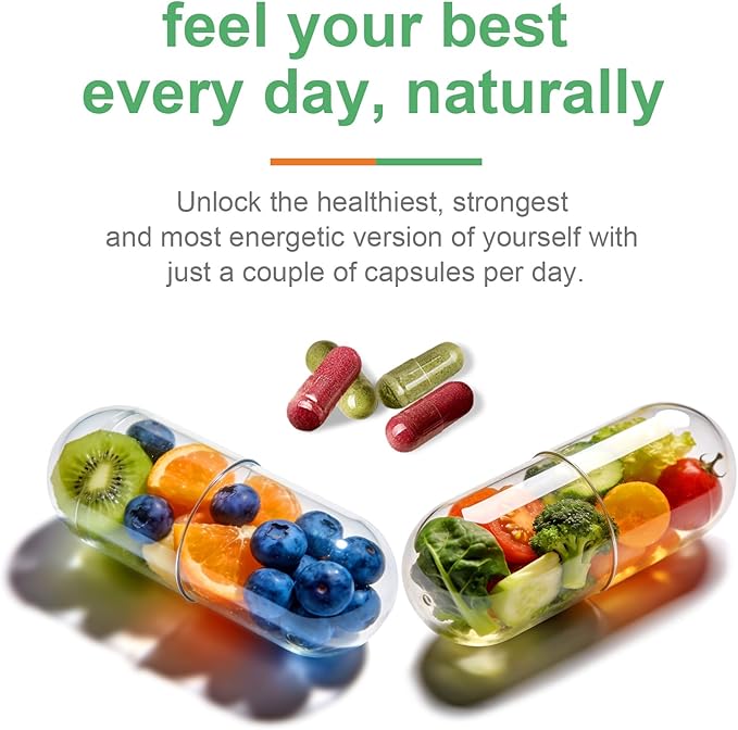 Fruit & Vegetable Supplement - Natural Ingredients - 2 Bottles - 180 Capsules Total | A Blend of 20+19 Natural Whole Fruits & Vegetables, a Fresh superfood Formula Rich in Vitamins and Minerals