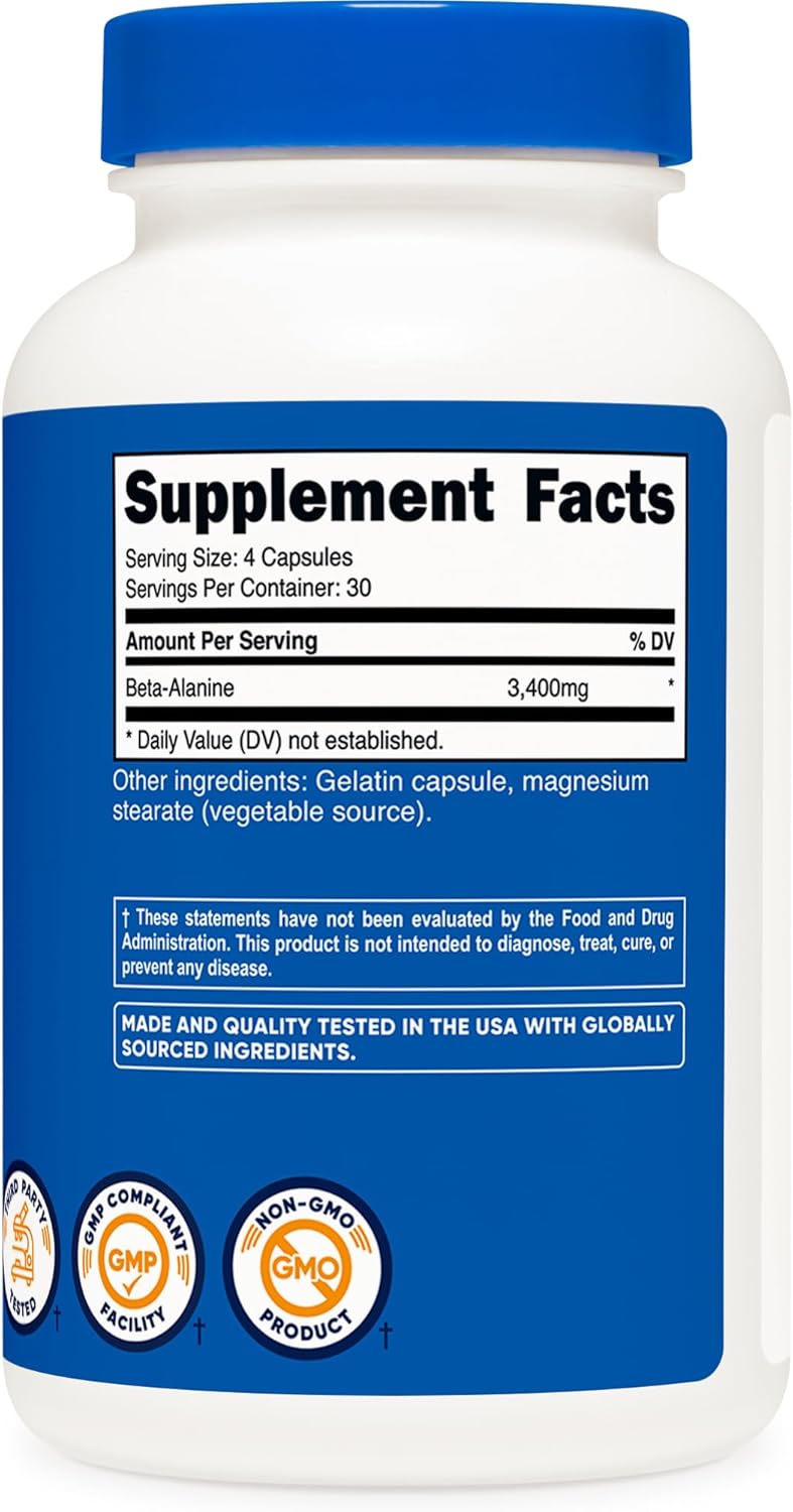 Nutricost Beta-Alanine Capsules 3400mg, 120 Caps (30 Serv) - Potent Beta Alanine, Gluten Free & Non-GMO, 850mg Per Cap