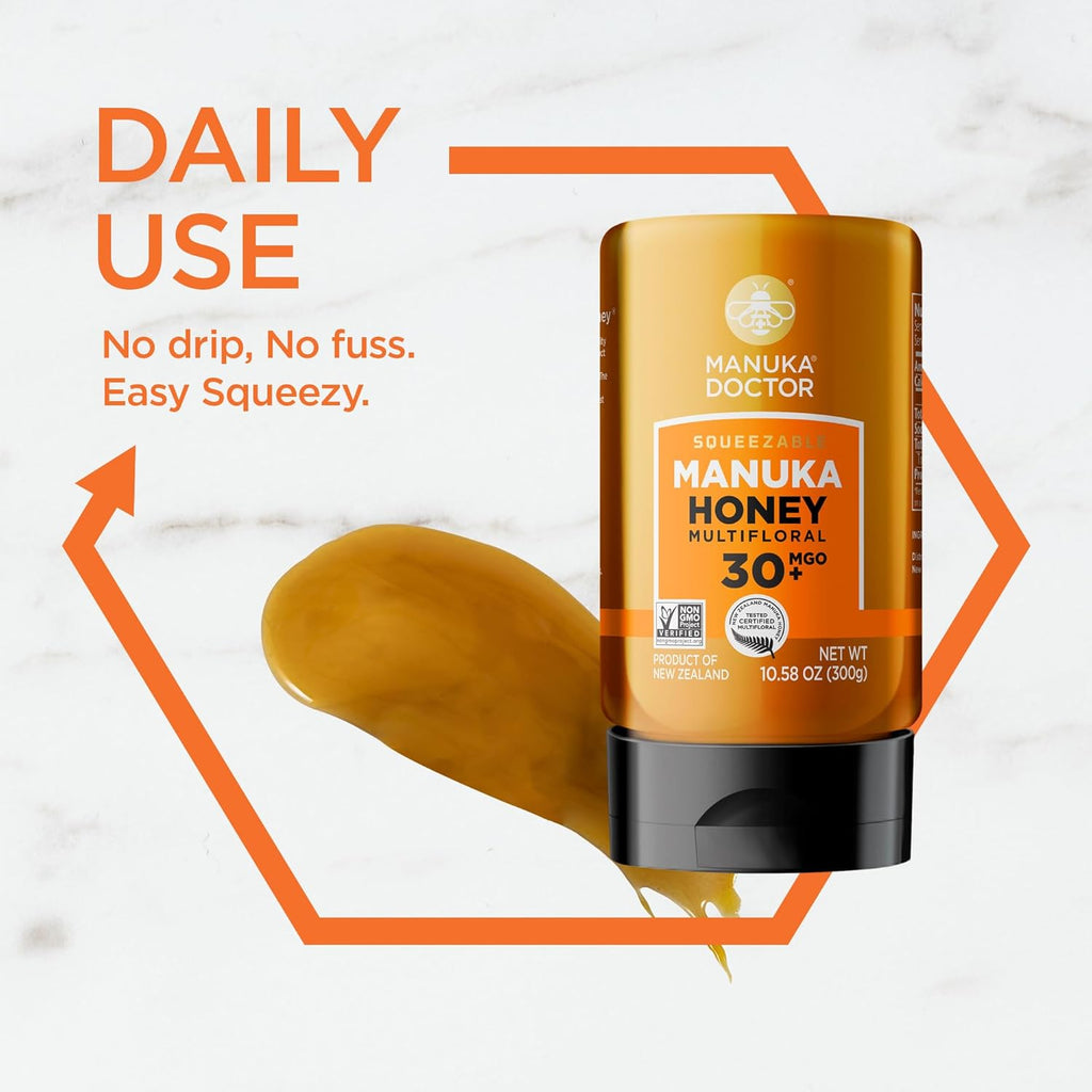 Manuka Doctor - MGO 30+ Squeezy Manuka Honey Multifloral, 100% Pure New Zealand Honey. Certified. Guaranteed. Raw. Non-GMO (10.58 oz)