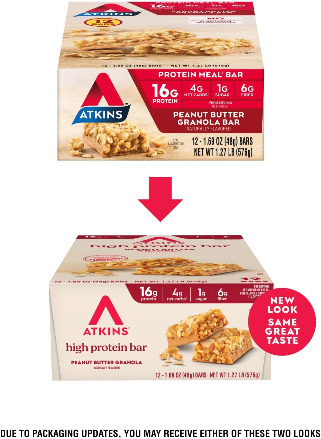 Atkins Peanut Butter Granola High Protein Bar, High Fiber , 16g Protein, 1g Sugar, 4g Net Carb, Keto Friendly, 12 Count