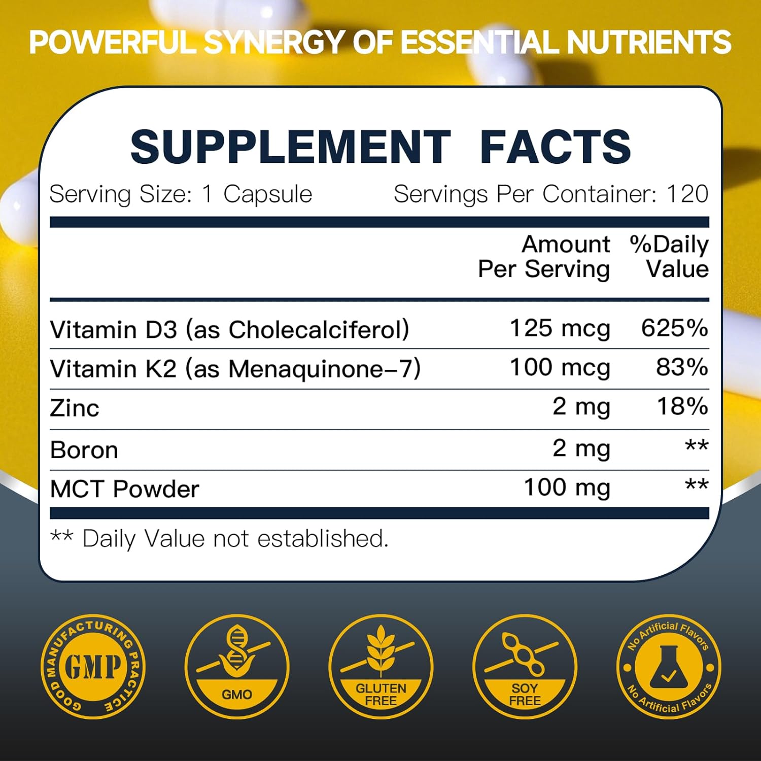 DRFOSTER Vitamin D3 K2 – High-Potency 125mcg D3 (5000IU) & 100mcg K2 (MK7) – Bone Strength, Heart & Immune Support – Enhanced with Zinc, Boron & MCT – 120 Capsules, Non-GMO, Gluten-Free