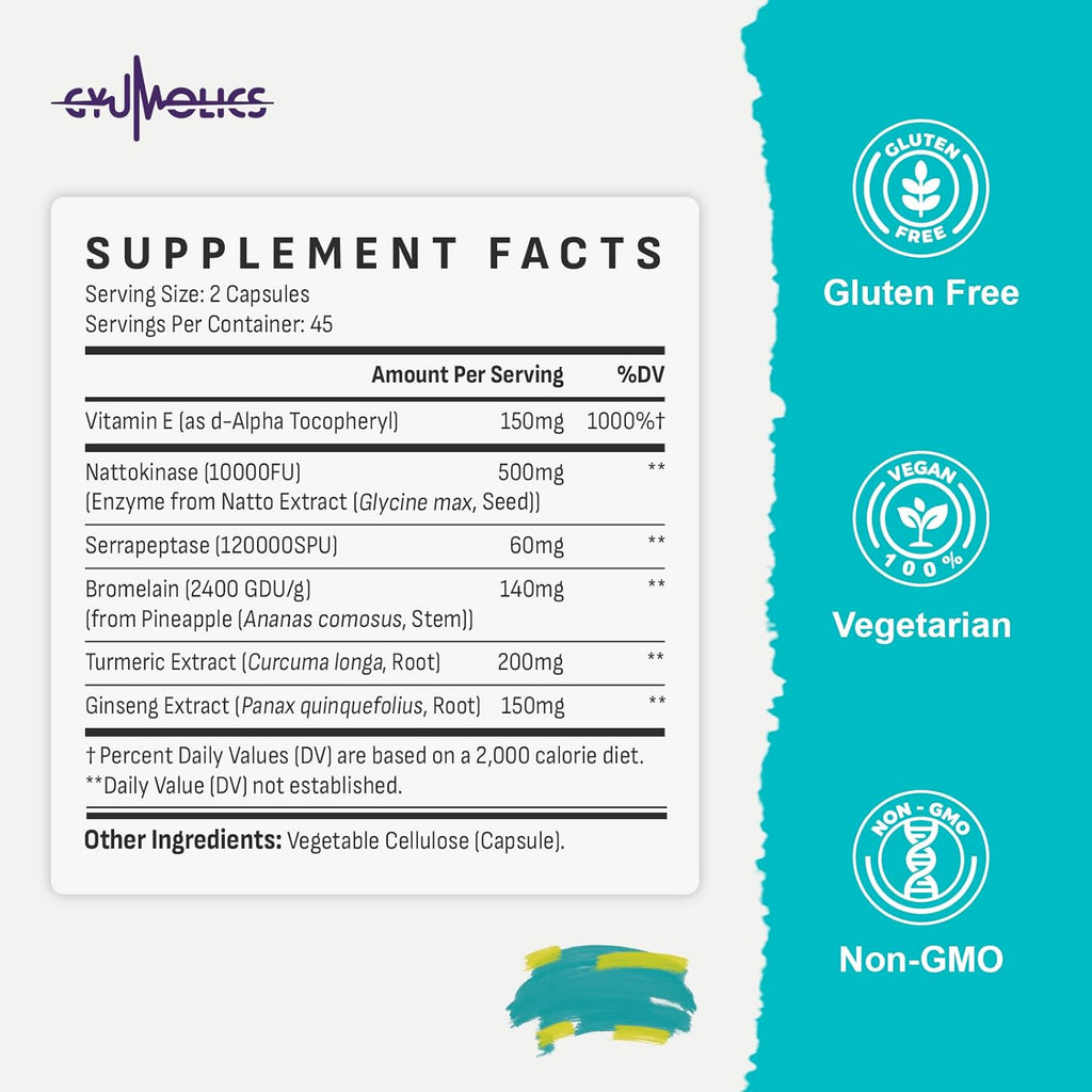 Nattokinase Supplement 10000FU with Organic Nattokinase, Serrapeptase, Bromelain, Curcumin, Vitamin E & Ginseng, Movement Comfort, 180 Capsules