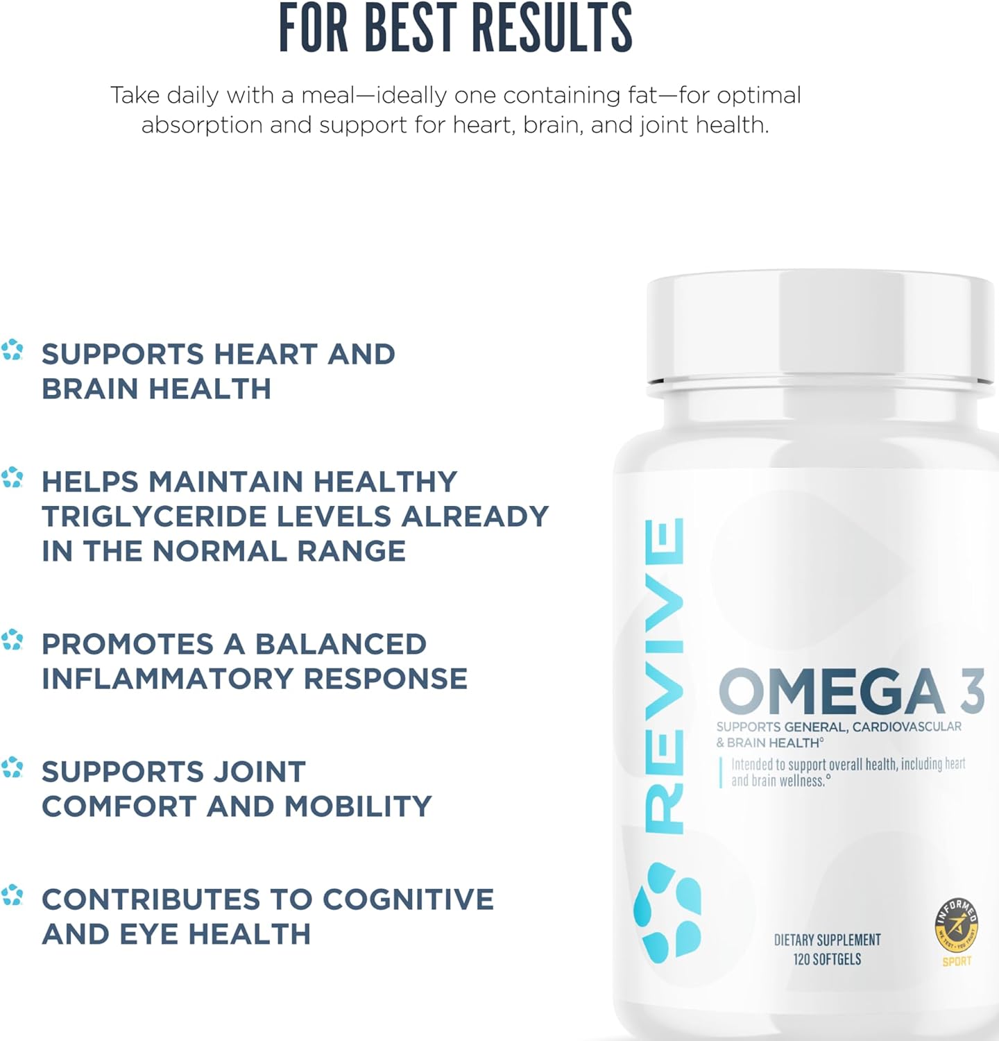 Revive MD Omega 3 Fish Oil Supplements for Men & Women - Omega 3 Softgels with EPA & DHA Fatty Acids for Healthy Skin & Joints, Heart & Brain Support - Vegan-Friendly, Gluten-Free - 120 Softgels