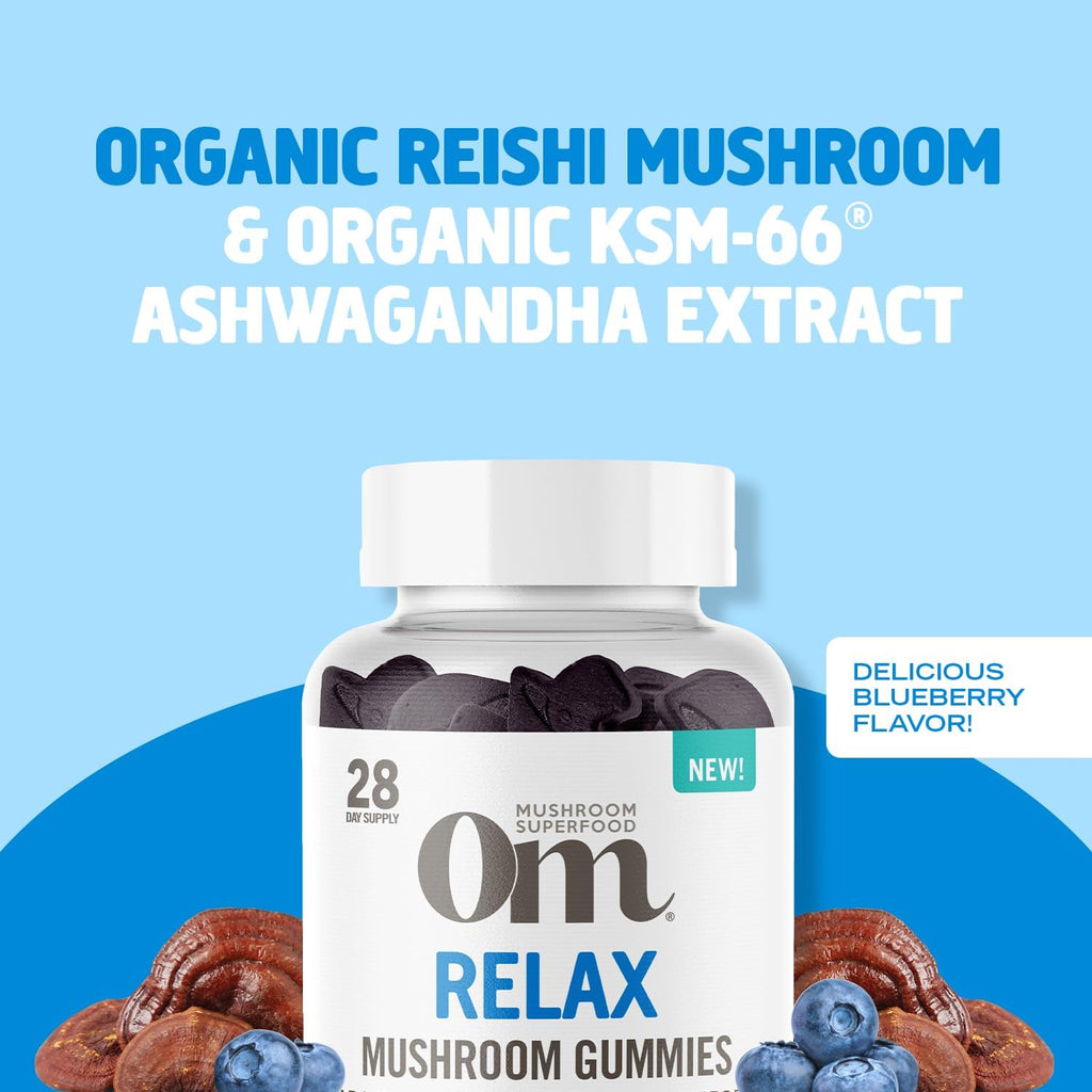 OM MUSHROOM SUPERFOOD Relax Gummies, 28 Servings, Blueberry Gummy Supplement with Reishi and Ashwagandha for Stress Relief