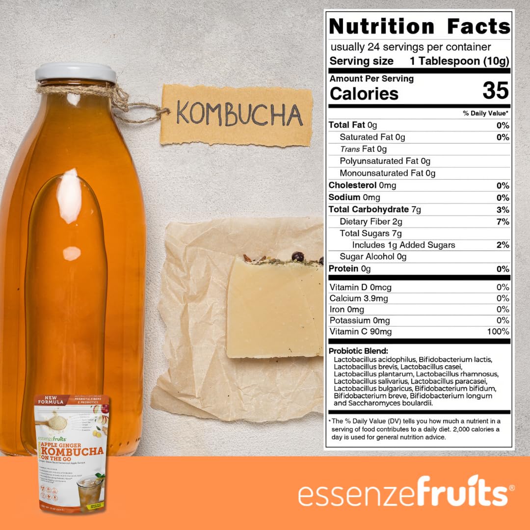 Essenzefruits Apple Ginger Kombucha Powder Tea Mix Beverage – Sugar Free, Fermented & Dried - Just Add Water! Live Probiotics & Prebiotic Blend, Vitamin C - Makes up to 30 Cups (8 Oz, 226g)