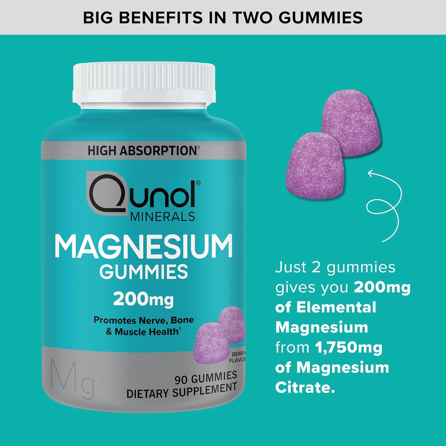 Qunol Magnesium Gummies for Adults, 200mg Elemental Magnesium (from 1,750mg Magnesium Citrate), High Absorption Magnesium Supplement, Supports Nerve, Bone and Muscle Health, Vegetarian, 90 Count