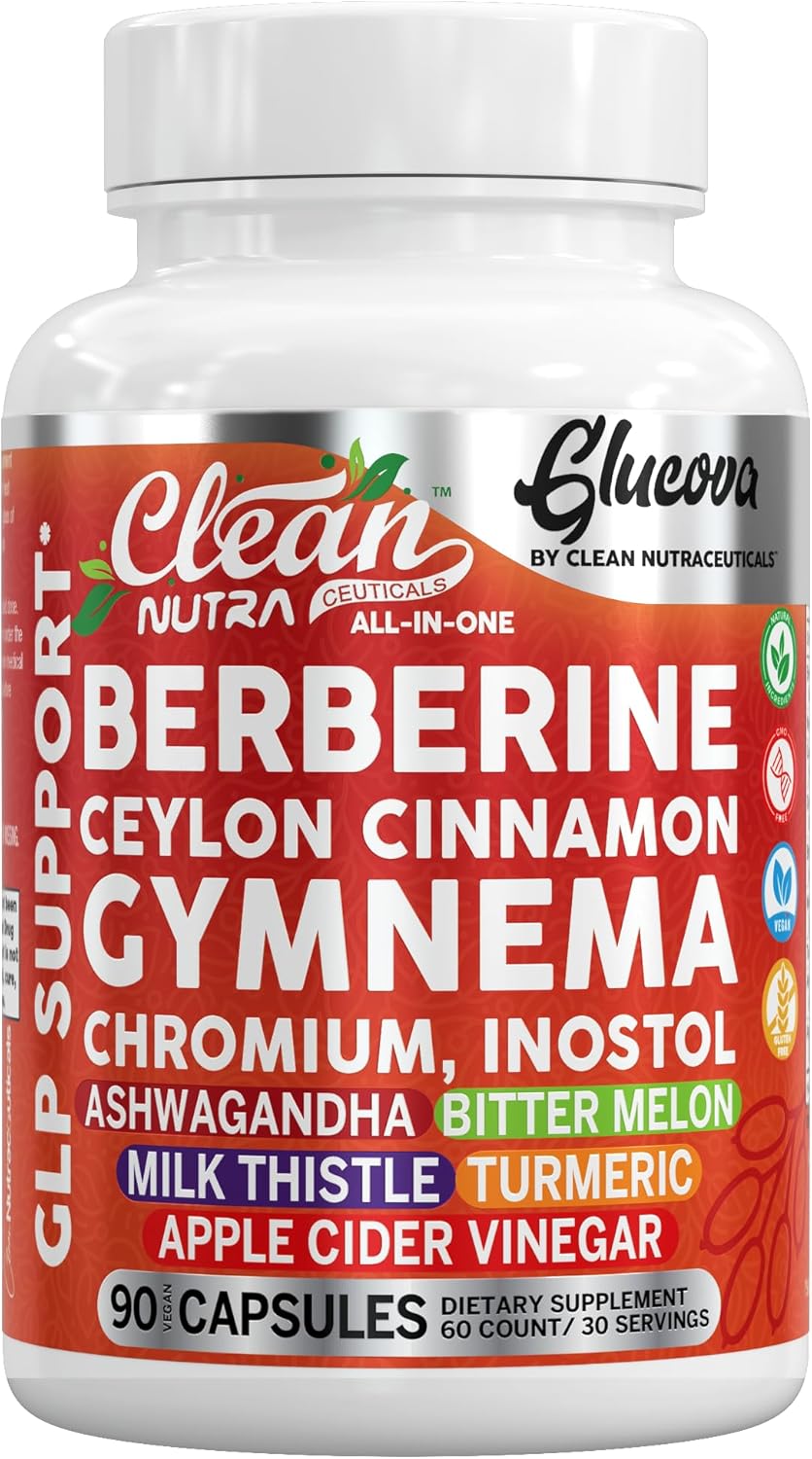 Clean Nutra Glucova, All-in-One Blood Sugar Support Supplement with Berberine, Ceylon Cinnamon, Gymnema, Chromium, 90 Capsules