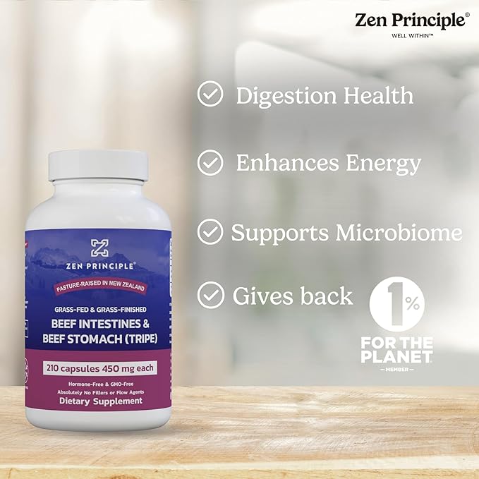 Zen Principle Grass Fed Beef Intestines with Stomach (Tripe) Supplement, Supports Digestive Health and Gut Balance, Supports Acid Reflux Balance, Natural Intestine Wellness, 210 Capsules