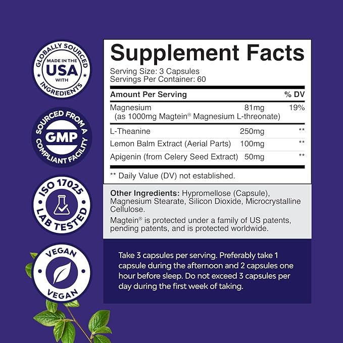 High Absorption Magnesium Sleep Supplement - Rest Support Magtein Magnesium L-Threonate and Apigenin Theanine for Sleep and Rest for Women & Men - Mg L-Threonate Melatonin Free Sleeping Aid - 180 Ct