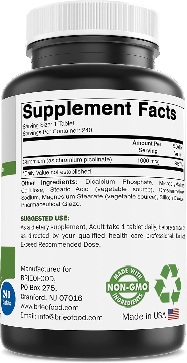 Brieofood Chromium Picolinate 1000 mcg Pills - 240 Tablets - 240 Servings - Non-GMO, Gluten Free