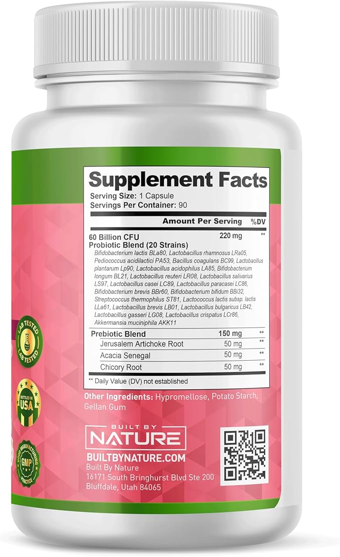 Built by Nature Probiotic for Women 60 Billion CFU – 20 Strains + Prebiotics – Vaginal & Digestive Support – Delayed Release Capsules, Shelf Stable – 3 Month Supply - 90 Capsules