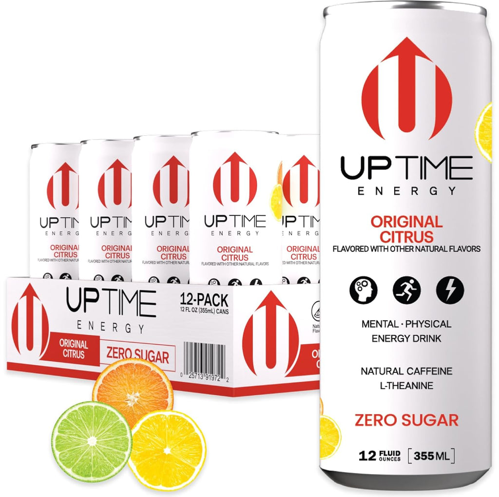 UPTIME Energy Drink, Original Citrus Sparkling, 12 Pack, Vitamin C, L Theanine, Calcium, Sugar Free Energy Drinks for Focus Support, 142mg of Natural Caffeine, 5 Calories, Clean, Natural, 12 fl oz Cans
