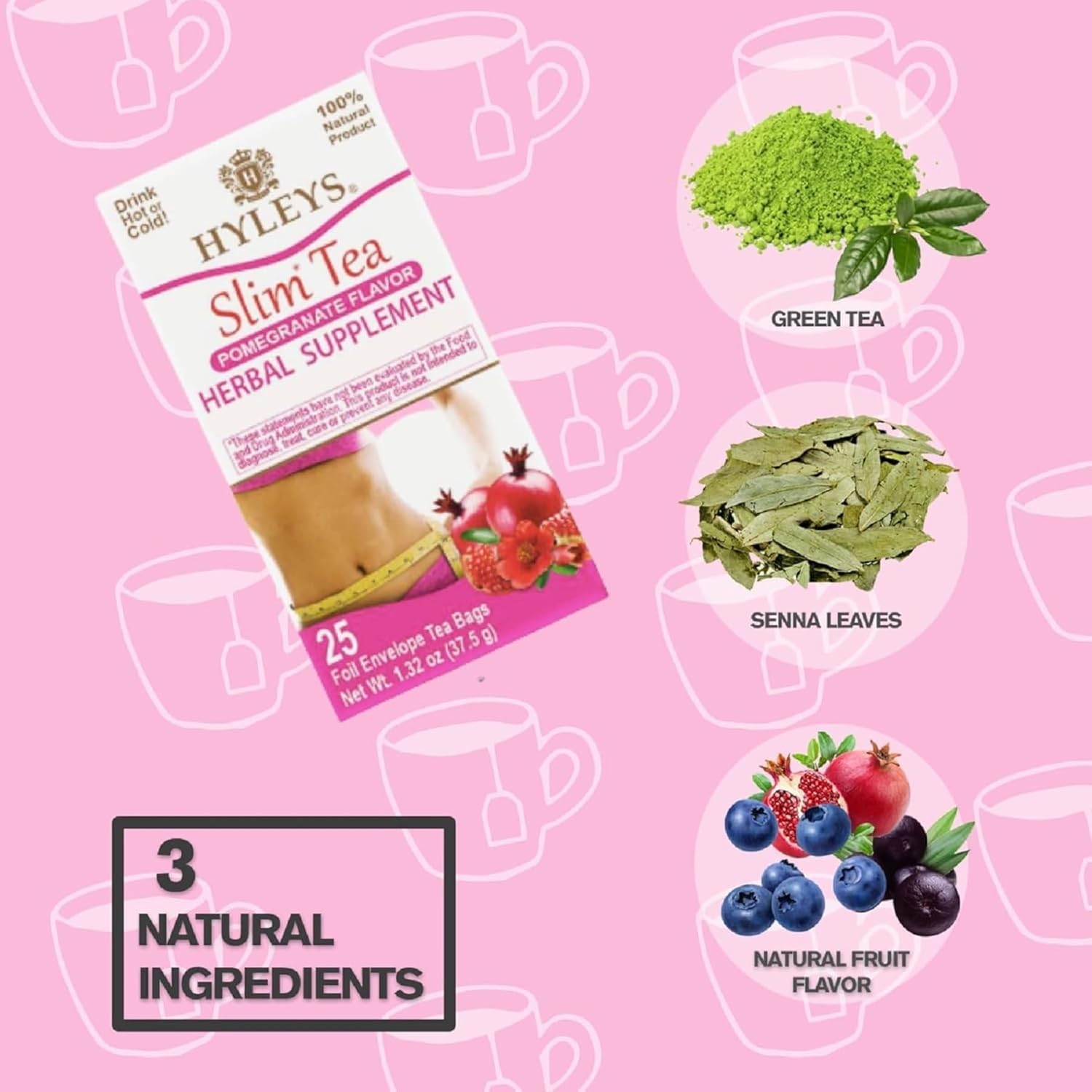 Hyleys Slim Tea Pomegranate Flavor - Weight Loss Herbal Supplement Cleanse and Detox - 25 Tea Bags (6 Pack)