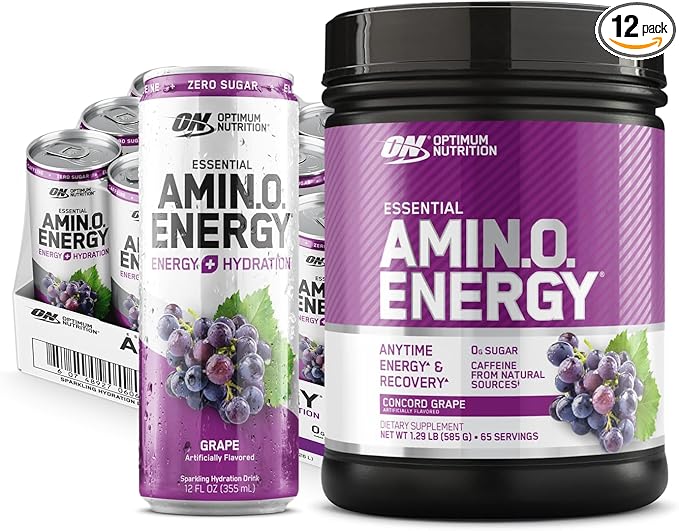 Optimum Nutrition Amino Energy Powder: Concord Grape (65 Servings) with Essential Amino Energy Plus Electrolyes Sparkling Drink: Grape (12 Cans) - Bundle Pack