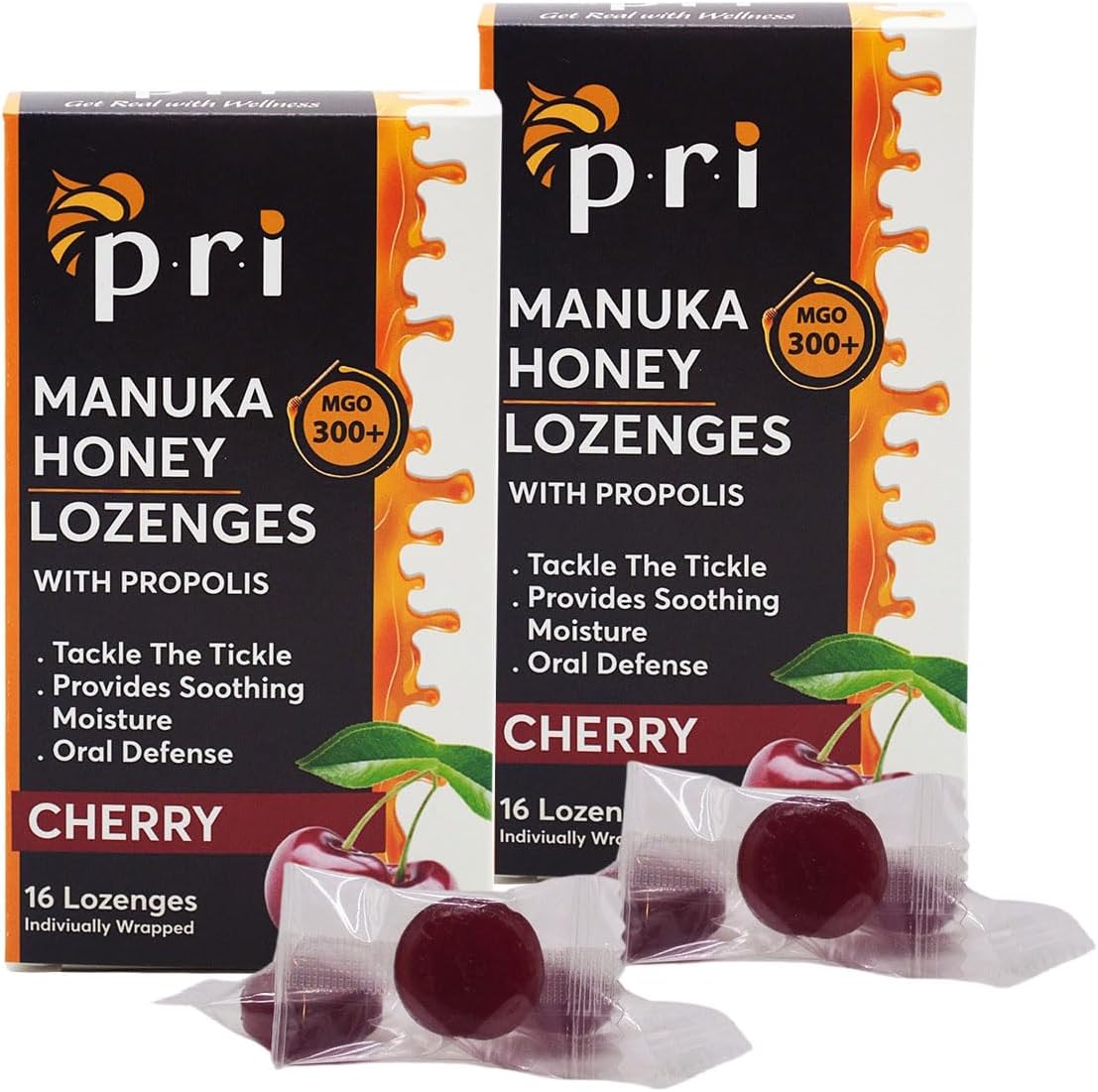 P.R.I Manuka Honey Lozenges with Propolis, Soothing Cough and Throat Drops, MGO 300+ Certified (Cherry, 16 Count/2 Pack)