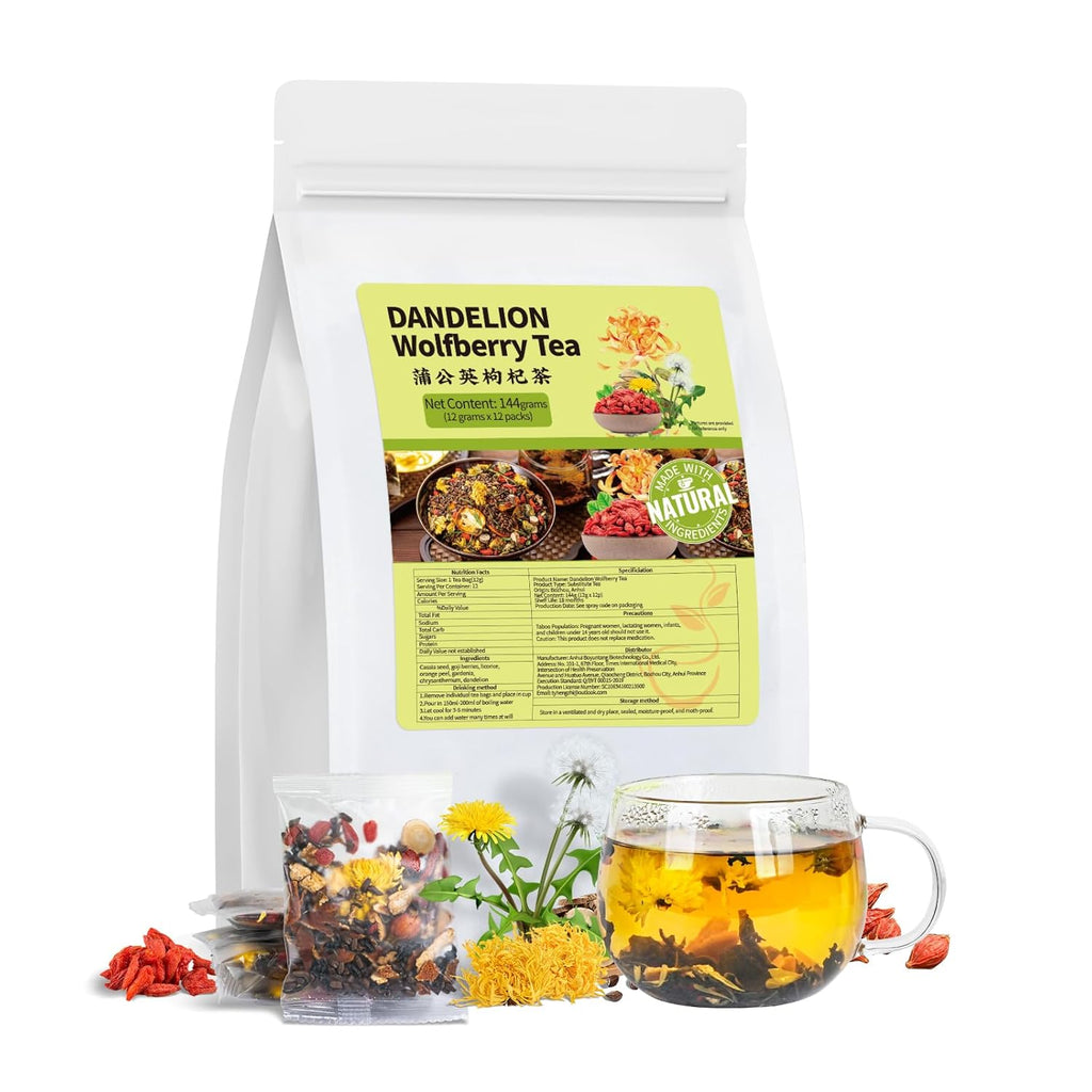 Dandelion Wolfberry Tea Bags, Natural Kidneys & Liver Health Tea with Dandelion, Chrysanthemum, Wolfberry, Cassia Seed, Licorice, Orange Peel, Gardenia, Dandelion Root Tea (1 Pack/12 Bags)