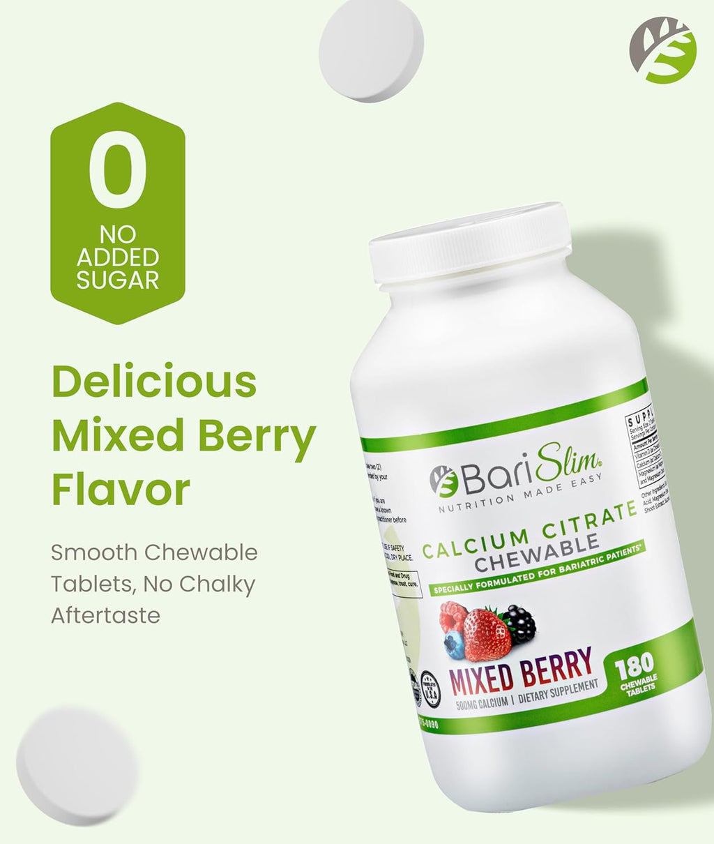 BariSlim Bariatric Calcium Citrate with Magnesium and Vitamin D Tabs - 500 mg of Calcium Citrate Per Serving - Formulated for Patients After Weight Loss Surgery | Mixed Berry (90 Servings)