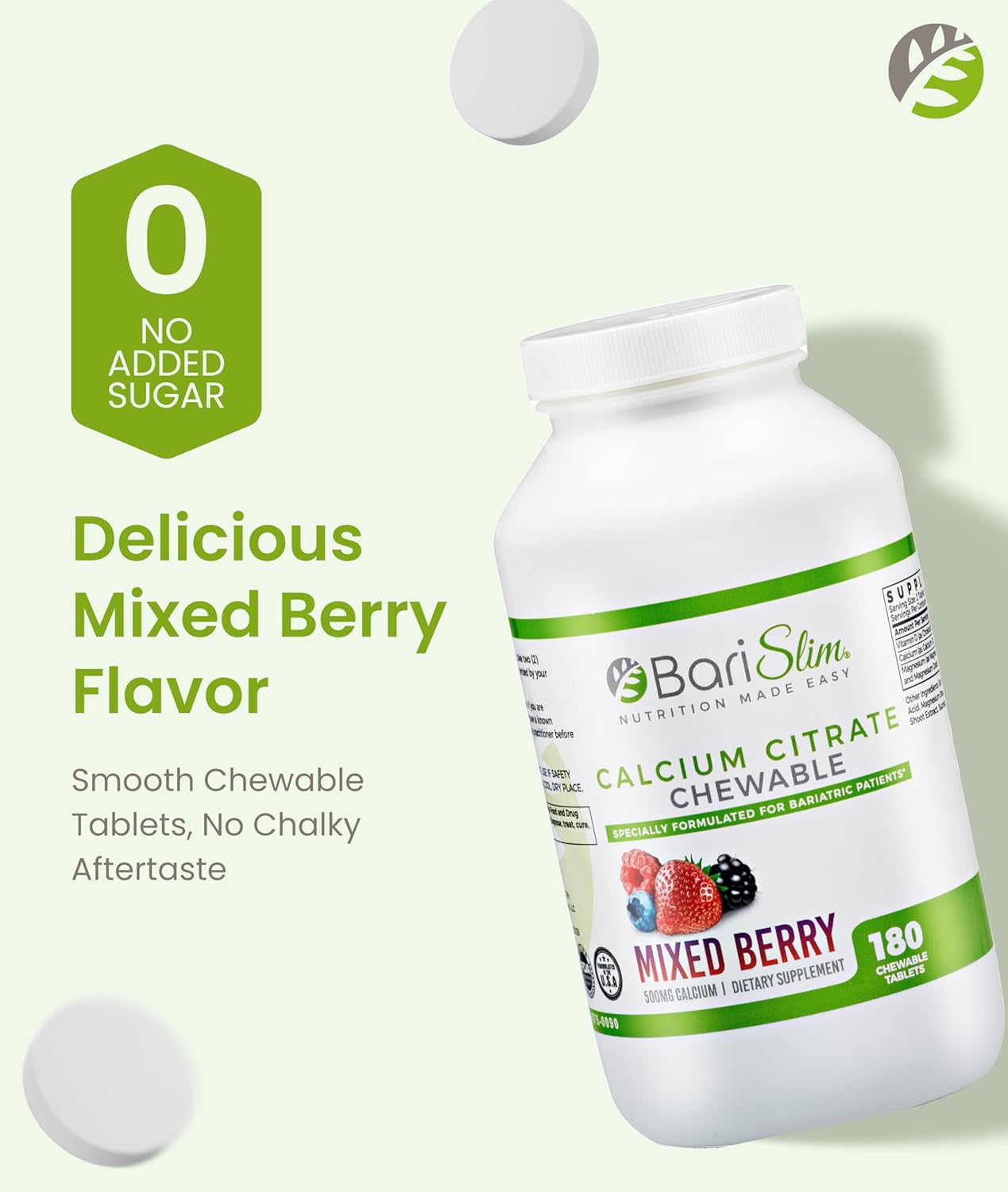 BariSlim Bariatric Calcium Citrate with Magnesium and Vitamin D Tabs - 500 mg of Calcium Citrate Per Serving - Formulated for Patients After Weight Loss Surgery | Mixed Berry (90 Servings)