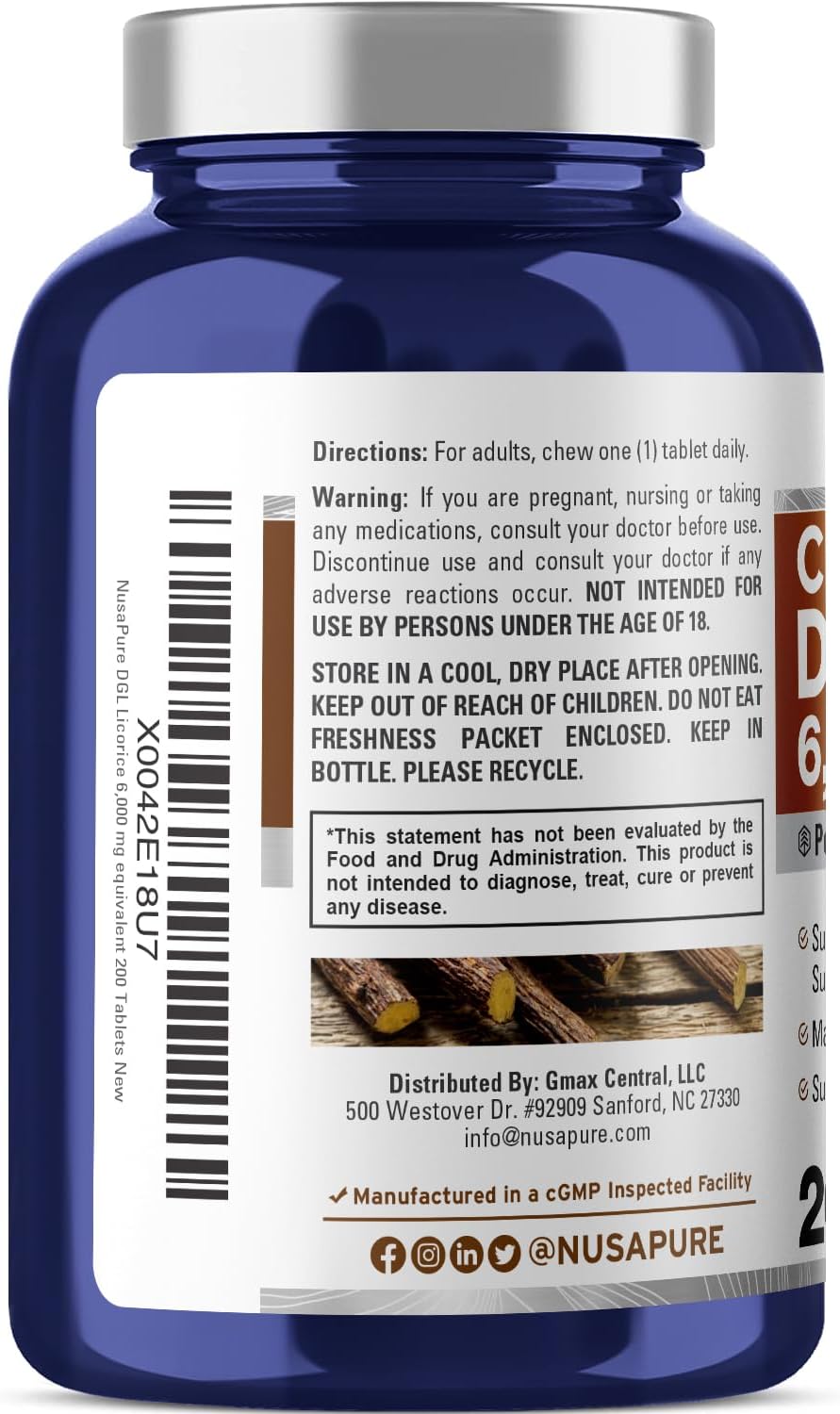 NusaPure DGL Deglycyrrhizinated Licorice 6,000 mg 200 Chewable Tabs, Vegan, Non-GMO Supplement