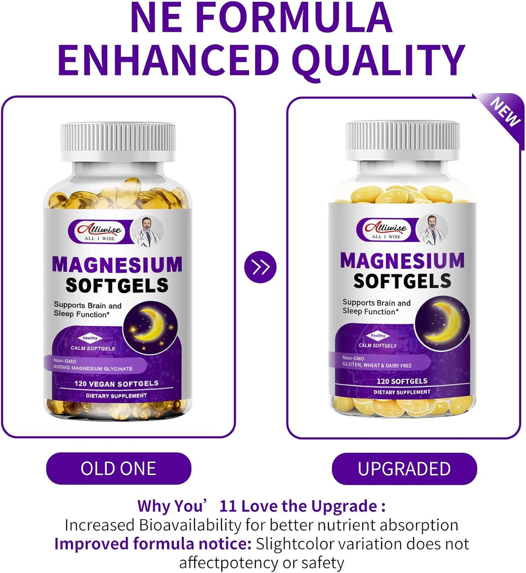 High Absorption Magnesium Glycinate 400mg Softgels Supplement, Magnesium with Calcium - Highly Bioavailable - with Vitamin D3 & K2, for Sleep, Mood, Brain Support