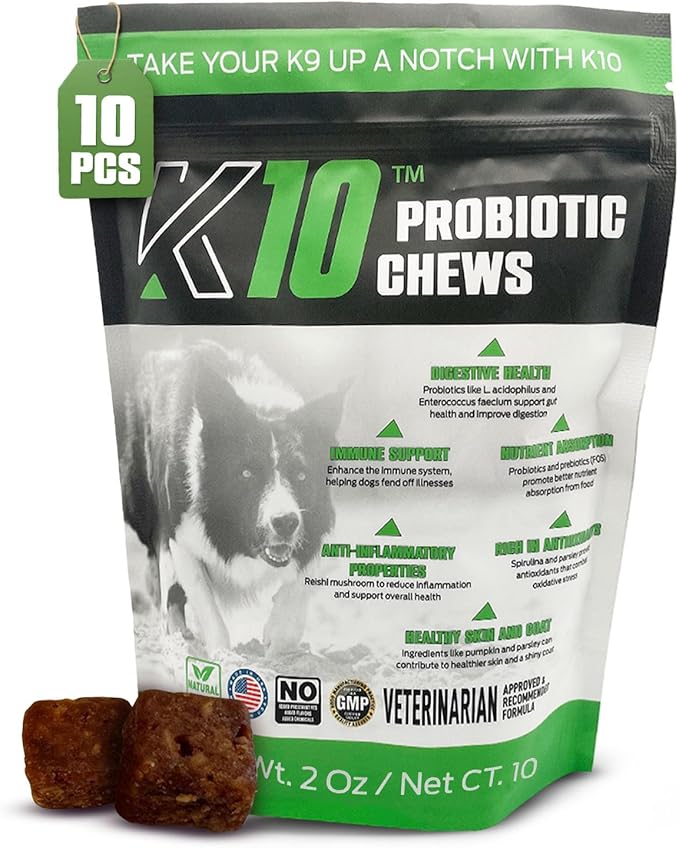 K10 Probiotic Chews for Dogs (10ct) – Advanced Digestive Support with Probiotics, Prebiotics & Superfoods – Vet-Preferred Dog Supplement for Digestion, Immunity, Skin, Coat & Everyday Vitality