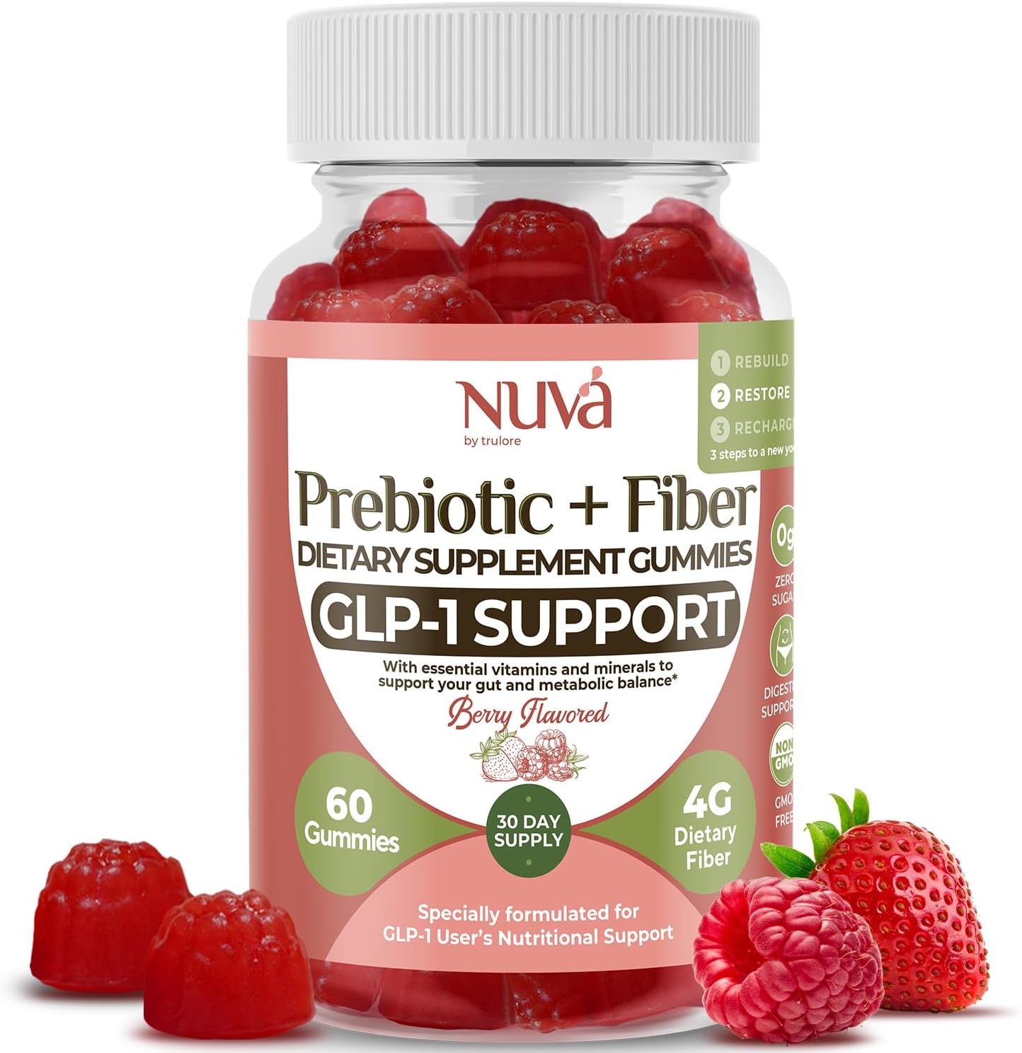 NuVa by Trulore Prebiotic + Fiber Gummies | GLP-1 User Nutritional Support | Sugar Free Fiber Gummies for Adults | Berry Flavor | Non-GMO Digestive Balance for Men & Women | 60 Gummies - 30 day Supply