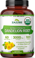 Zazzee USDA Organic Dandelion Root 10:1 Extract, 3000 mg Strength, 60 Capsules, 2 Month Supply, Standardized and Concentrated 10X Extract, 100% Vegetarian, All-Natural and Non-GMO