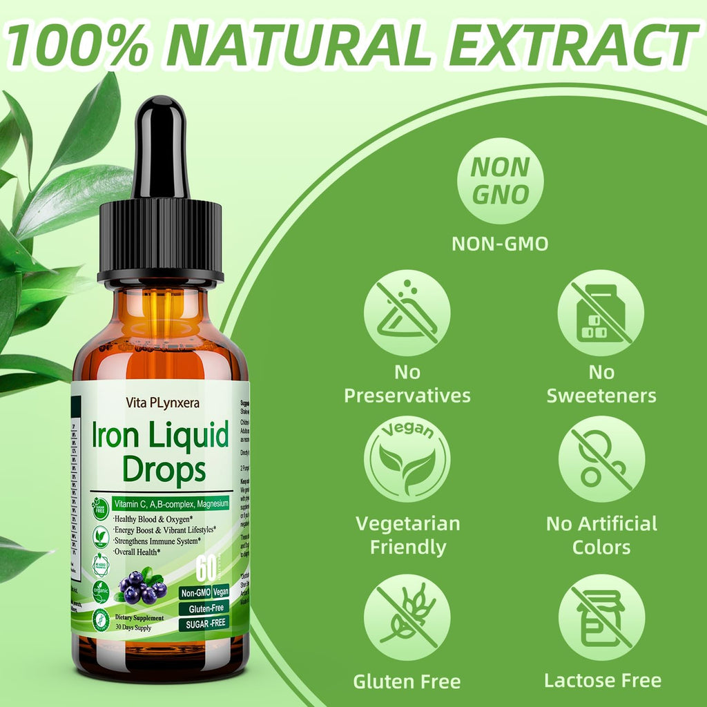 2 Pack Liquid Iron Supplement for Women Men & Kids, Vegan Iron Drops with Vitamin C D, B12, B-Complex, High Potency Liquid with Multivitamin for Anemia, Energy Support, Magnesium Iron Gentle