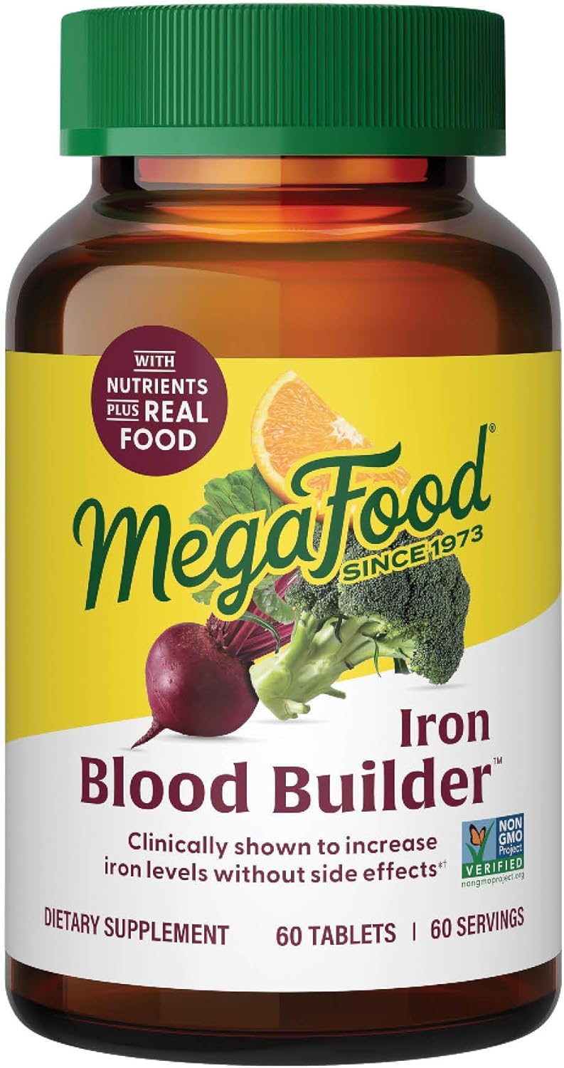MegaFood Blood Builder Iron Supplement Clinically Shown to Increase Iron Levels Without Side Effects, Vegan Supplement For Women with Vitamin C, Vitamin B12 & Folic Acid, 60 Tablets