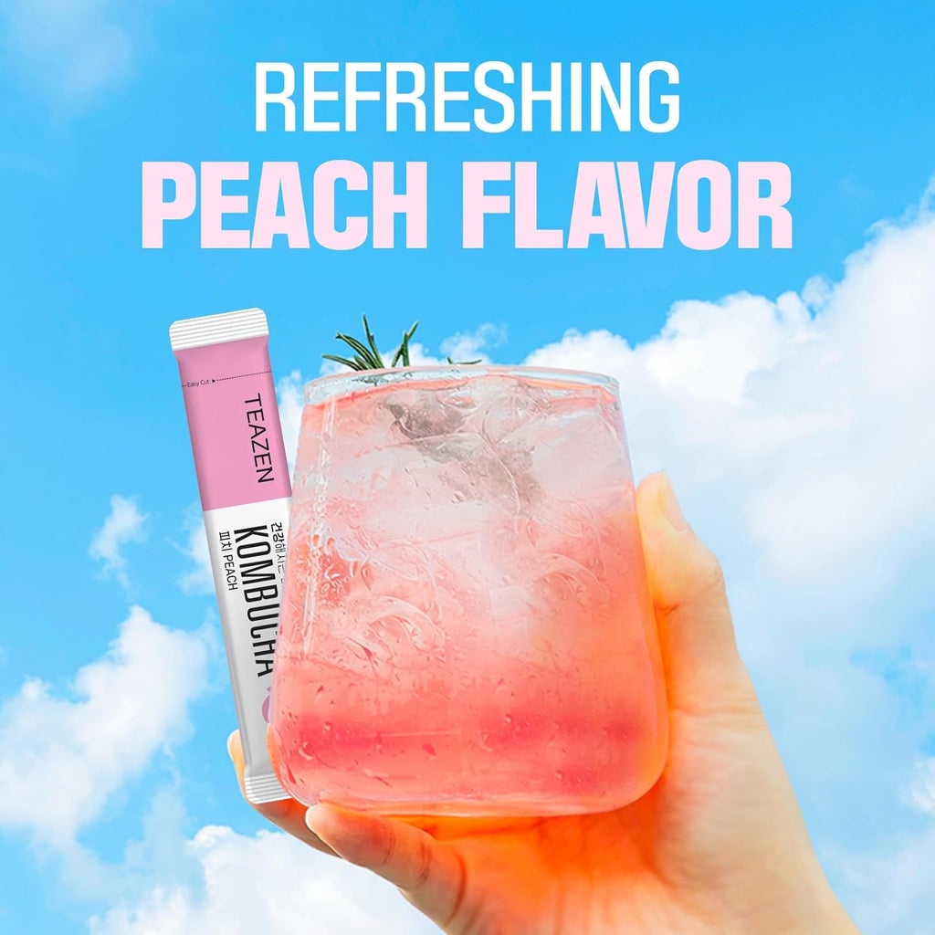 TEAZEN Peach Kombucha Tea, Hydration Drink Mix, Sugar Free, Live Probiotics & Prebiotics, 10 Sticks, 1.76oz