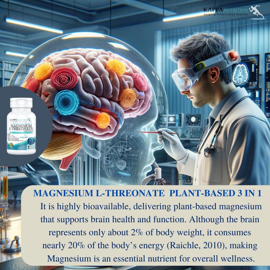 Kappa Nutrition Magbrain™ Magnesium L-Threonate Plant-Based, 420mg Elemental Magnesium (3 Capsules) from 2,253mg, 60 Vegan Capsules, Brain, Sleep & Muscle Support.