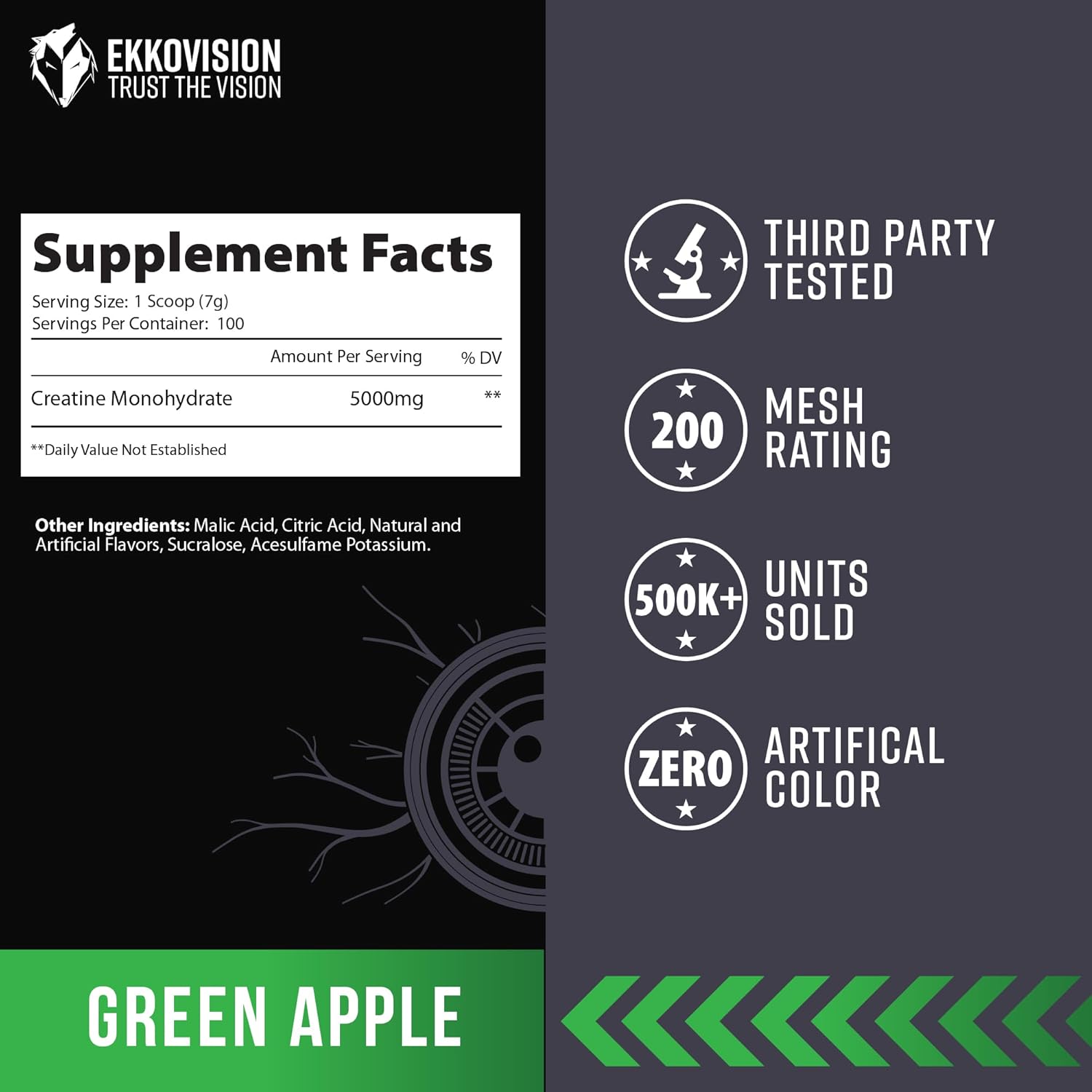 Creatine Monohydrate Powder, Micronized, Green Apple, Pre Workout & Post Workout Supplement for Men and Women, Energy Support, Easy to Mix in Shakes, Smoothies & Beverages, 100 Servings