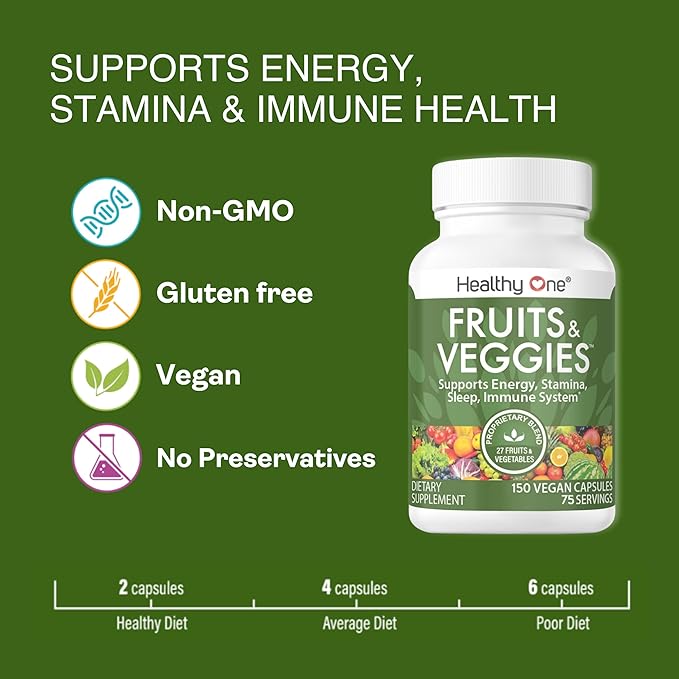 Fruits & Veggies Formula - 27 Premium Whole Foods - Organic Ingredients - Equals 3 Servings of Fruits & Vegetables - Improve Energy, Focus & Immune Function - Fiber - Antioxidants - 150ct (75 Serv)