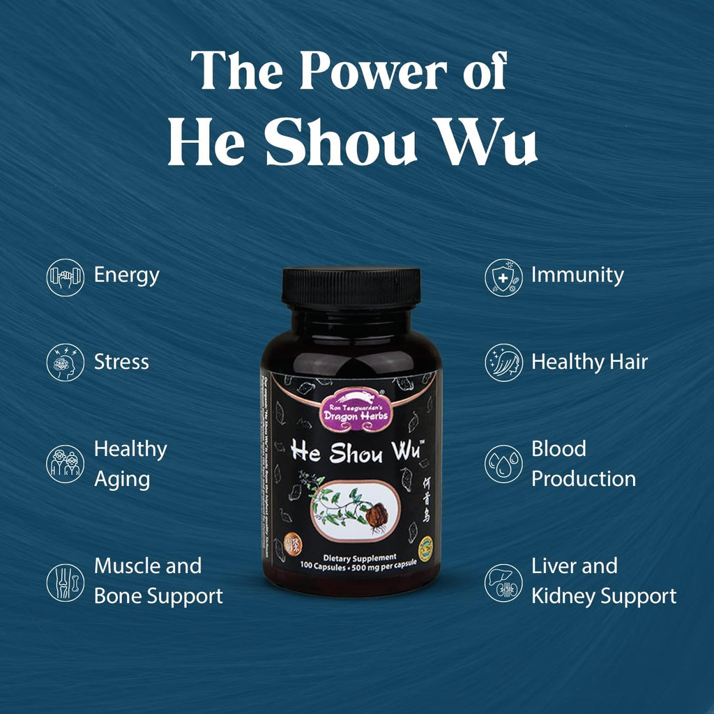 Dragon Herbs He Shou Wu | Prepared He Shou Wu Supplement to Support Energy, Mood, Immune Support, Healthy Aging, Hair | All Natural Ingredients, Non-GMO (100 Capsules, 500 mg Per Capsule