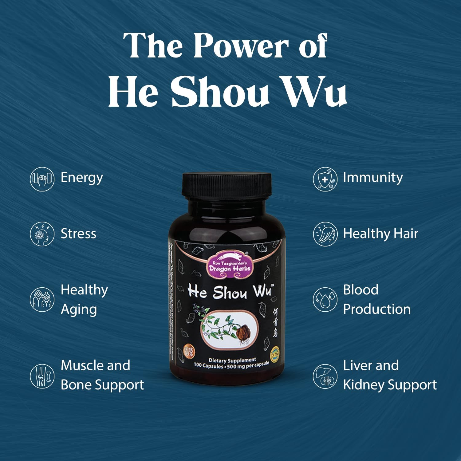 Dragon Herbs He Shou Wu | Prepared He Shou Wu Supplement to Support Energy, Mood, Immune Support, Healthy Aging, Hair | All Natural Ingredients, Non-GMO (100 Capsules, 500 mg Per Capsule