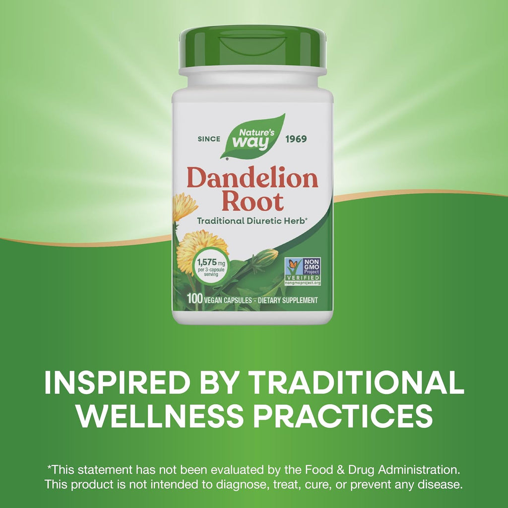 Nature's Way Dandelion Root, Traditional Diuretic Herb*, Vegan Dandelion Root Capsules, 100 Count (Packaging May Vary)