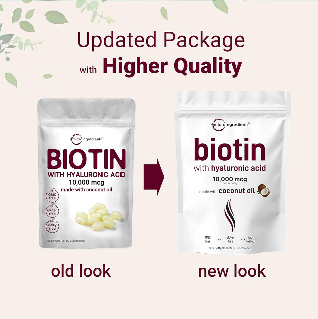 Micro Ingredients Biotin 10,000mcg w/Hyaluronic Acid 25mg | 365 Virgin Coconut Oil Softgels, Fast Release, One Year Supply, Supports Healthy Hair, Skin & Nails, Non-GMO & No Gluten