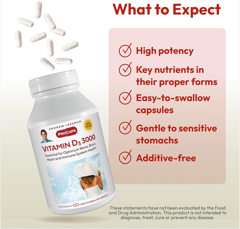 ANDREW LESSMAN Vitamin D3 3000 IU 180 Capsules - High Potency, Essential for Calcium Absorption, Supports Bone Health, Healthy Muscle Function, Immune System, More. Small Easy to Swallow Capsules