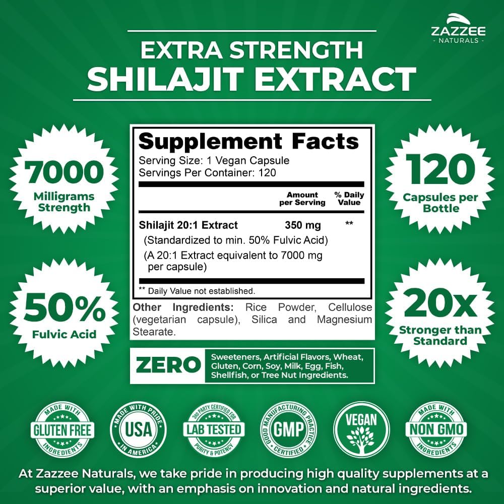 Zazzee 100% Pure Organic Himalayan Shilajit 20:1 Extract, 7000 mg Strength per Capsule, 50% Fulvic Acid, 120 Servings per Bottle, 20X Potency, Rich in Trace Minerals, Non-GMO, Vegan, Made in The USA