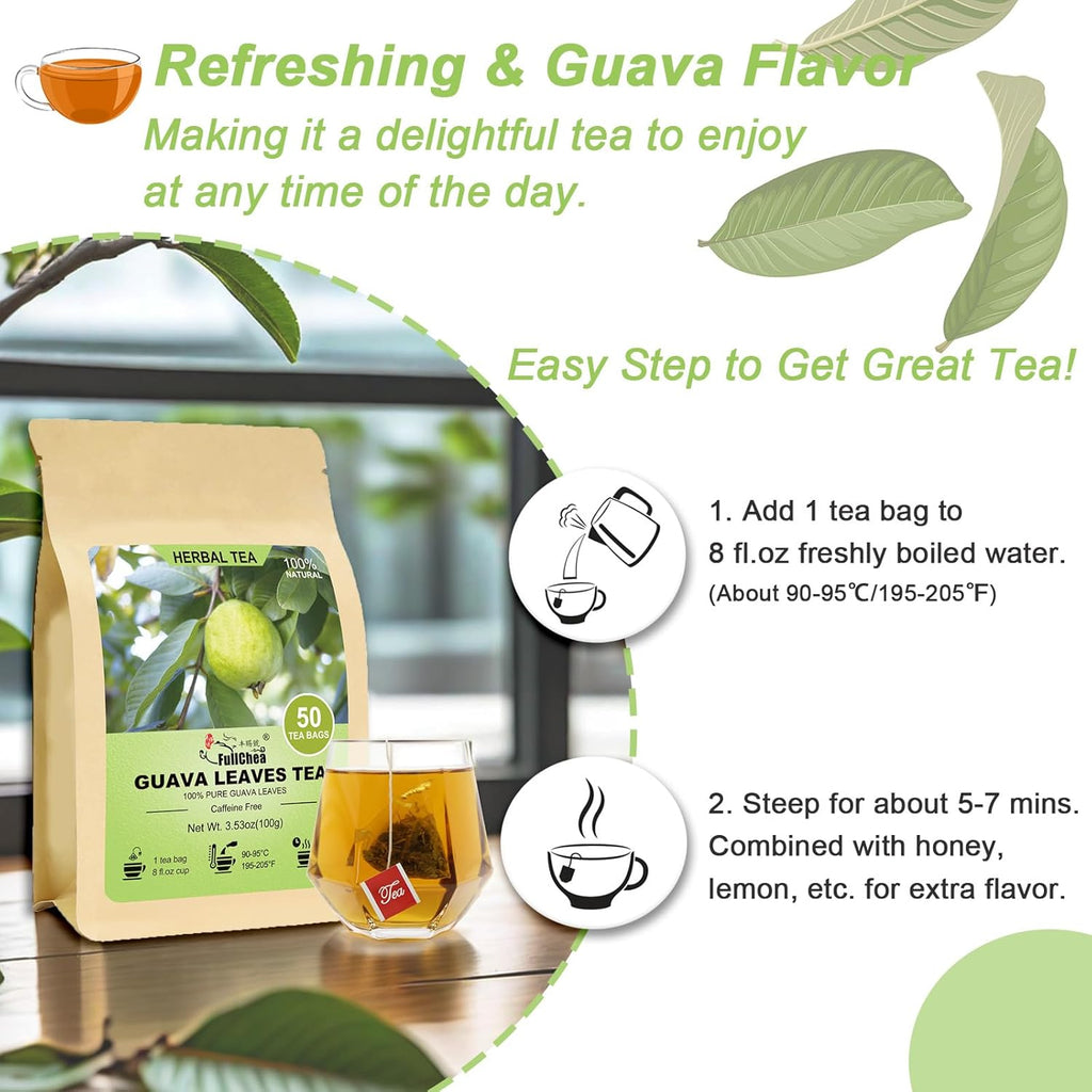 FullChea - Guava Leaves Tea Bags, 50 Teabags - Hojas De Guayaba, Premium Guava Leaf Tea - Non-GMO - Caffeine-free - Boost Immunity & Rich in Antioxidants
