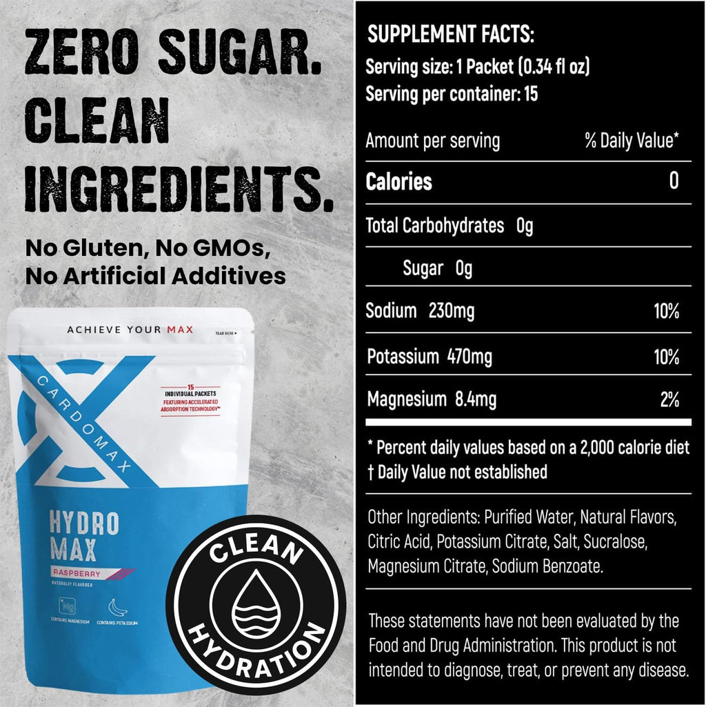 CardoMax Hydromax Electrolyte Drink Mix – Raspberry 15 Liquid Packets with Potassium & Magnesium – Sugar-Free, Keto & Vegan Electrolytes for Hydration