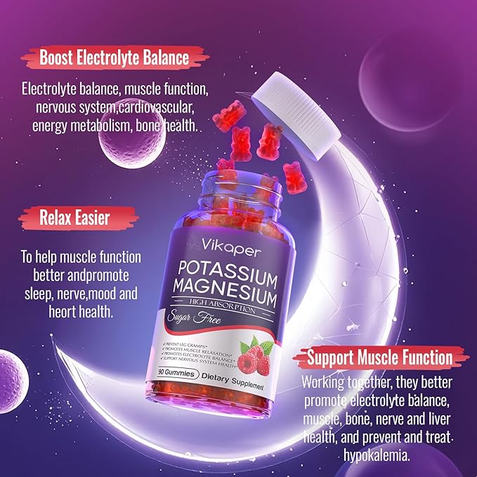 Potassium Magnesium Gummies 1200 mg for Adults Sugar-Free High Absorption Magnesium Glycinate Supplement,Supports Leg Cramps,Muscle,Heart Health,Non-GMO Magnesium Gummy Raspberry Flavor 180 Count