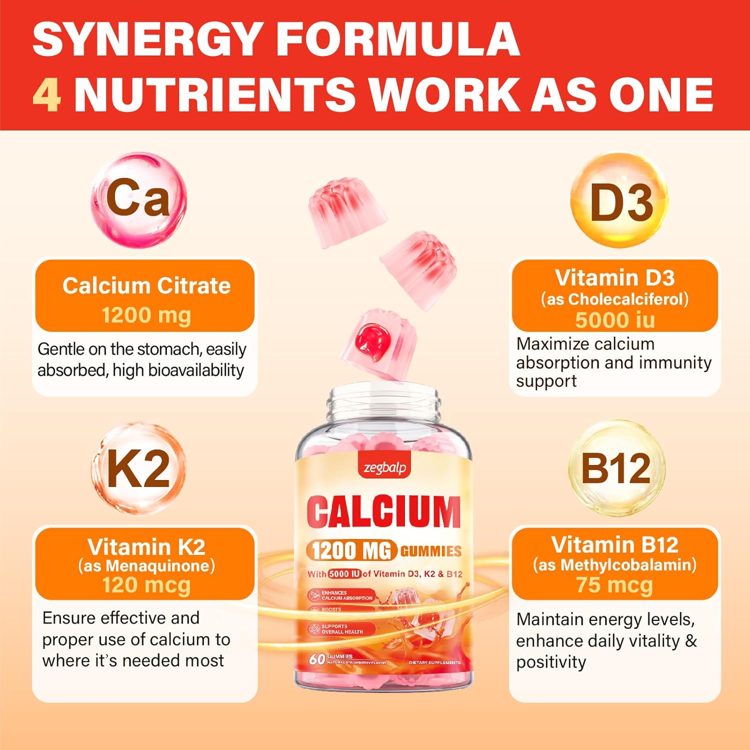 Calcium 1200 mg with Vitamin D3 Supplement for Adults - Calcium Gummies with Vitamin D3 5000IU, K2, B12 for Women Men - Extra Absorption Calcium Citrate - Natural Strawberry Flavor, 120 Gummies